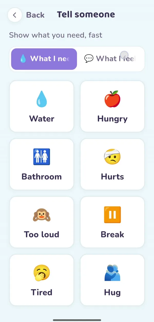 Tell Someone board with picture buttons for water, hungry, bathroom, hurts, too loud and break